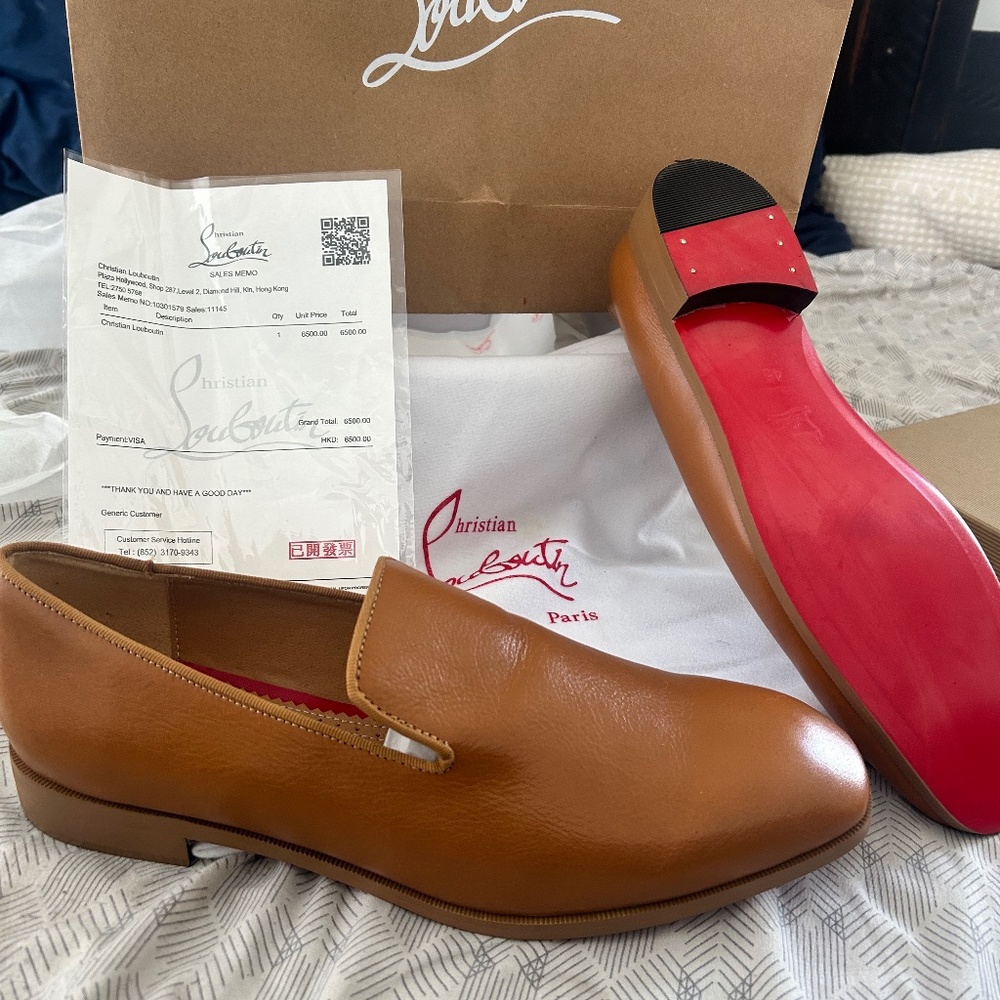 Men's CHRISTIAN LOUBOUTIN Size 10.5 Miele Tan Leather DANDELION FLAT Loafers
